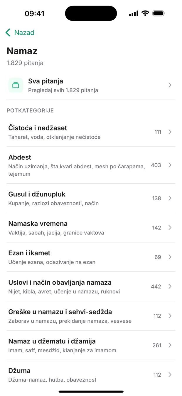 Ekran aplikacije: Teme i potkategorije